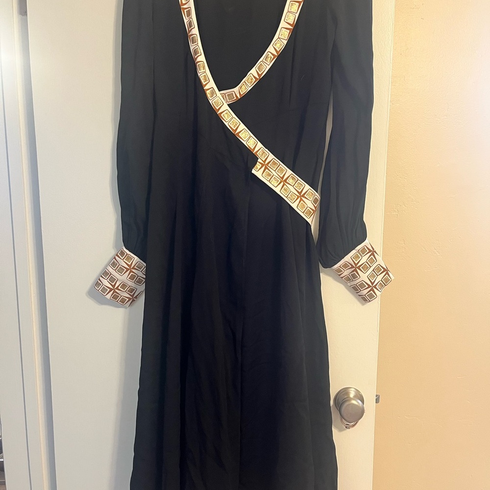 Elegant Black Long Sleeve Dress with Geometric Trim